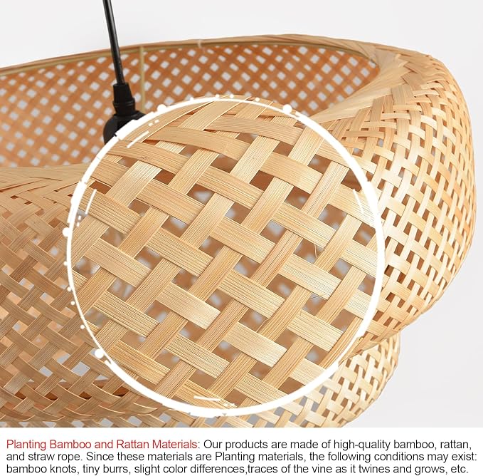 Hand Woven Rattan Pendant Light 14 Inch 2 Layer Round Bamboo Light Fixture Minimalist Boho Pendant Light for Kitchen Island Dining Room Living Room Corridor Foyer Hallway