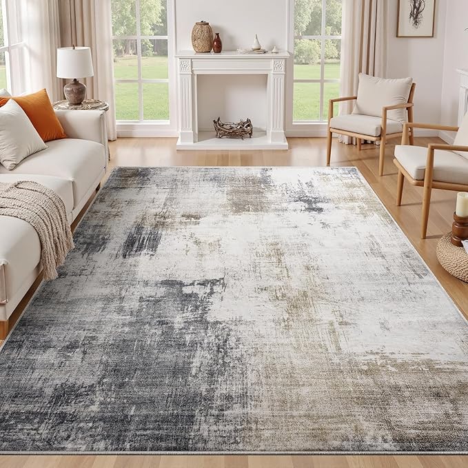 Area Rug 8x10 Living Room Rug,Modern Abstract Large Washable Rug，Non-Slip Stain Resistant Thin Carpet for Entryway Bedroom Dining Room Farmhouse Nursery Home Office- Gray Gold