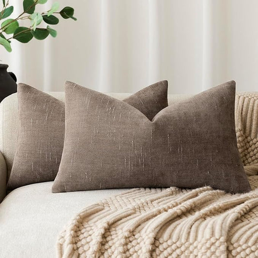Foindtower Pack of 2 Soft Textured Chenille Throw Decorative Pillow Covers Lumbar Accent Solid Cushion Cover Cozy Farmhouse Pillow Case with Zipper for Couch Sofa Bed Living Room 12x24 Inch, Taupe