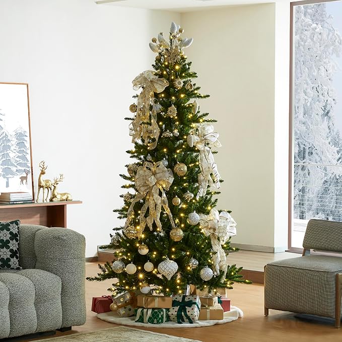 Glitzhome 7.5ft Prelit Christmas Tree, Artificial Christmas Tree Emerald Elegance Slim Green Fir Tree with 400 LED Lights, 1336 Branch Tips, 9 Functional Warm White/Multi-Color, Remote Controller