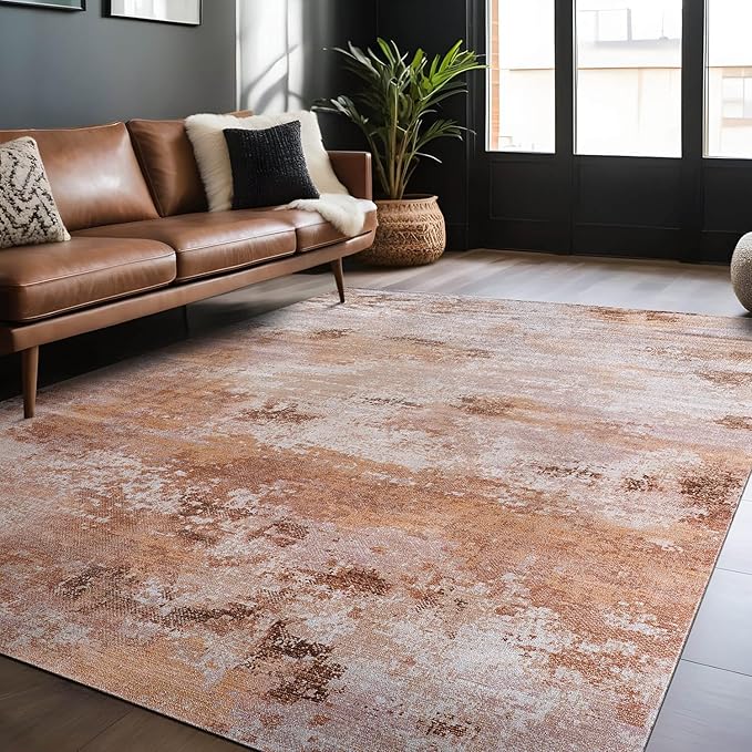 Non Slip Rugs 4x6 Modern Abstract Easy Silk Rubber Backing Soft Area Rug for Living Room Easy to Clean Non Shedding Kitchen for Bedroom Indoor Carpet (Beige - Brown, 4x6)