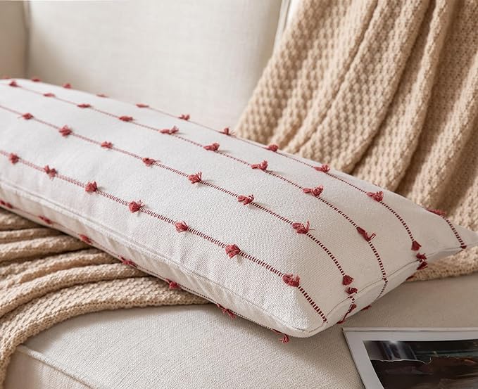 Caflife Boho Lumbar Throw Pillow Covers 14x36 inches Long, Farmhouse Decorative Body Pillow for Bed and Sofa, Living Room Home Decor Couch Rust Pillowcase, Pack of 1