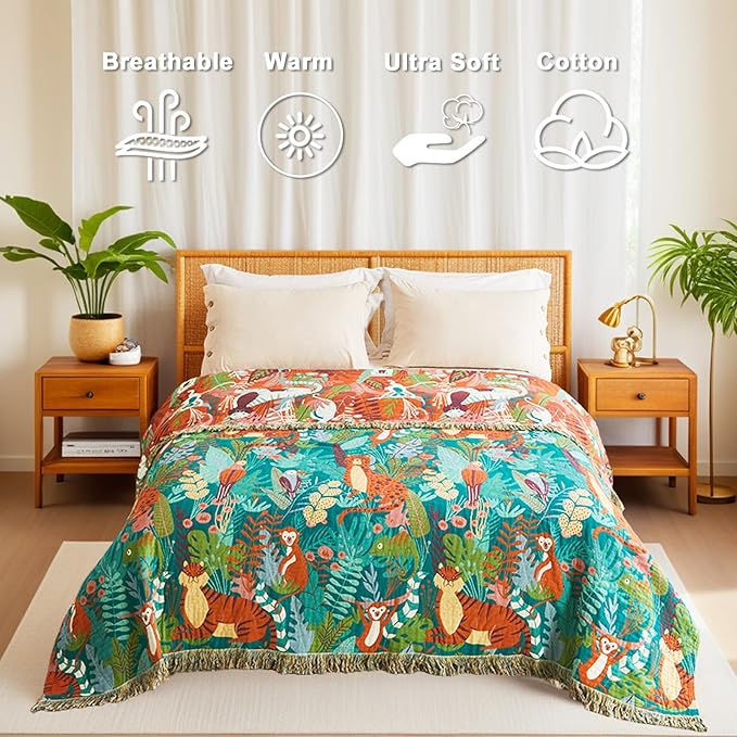 Throw Blanket for Couch Sofa Soft Cotton Blankets for Bedroom Living Room All Season Reversible Forest Animals Whimsical Home Decor 50"x60"