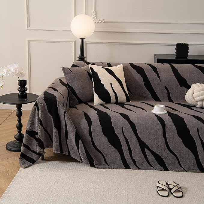 ROOMLIFE Striped Boho Gray Couch Cover for 2-3 Cushion Sofa, Fuzzy Plush Warm Sofa Slipcovers Sectional Sofas Covers, Non Slip Washable Furniture Protector Soft with Tassel,Winter 71''X118”