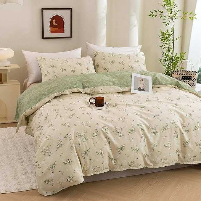 ECOCOTT Duvet Cover Queen Size - Reversible Green Floral Duvet Cover Set, Ultra Soft & Breathable Comforter Cover with Zipper Closure 4 Ties Bedding Set for Girls and Women