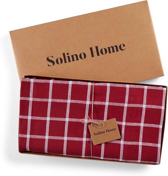 Solino Home Linen Plaid Tablecloth 60 x 90 Inch - 100% Pure Linen Windowpane Red Table Cloth for Rectangle Tables - Machine Washable Tablecloth for Christmas, Xmas