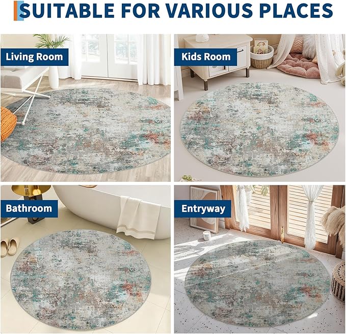 Modern Abstract 6x6 Round Area Rug Non Slip Non Shedding Rug Low Pile Stain Resistant for Bedroom Living Room Office Dining Room,Colorful