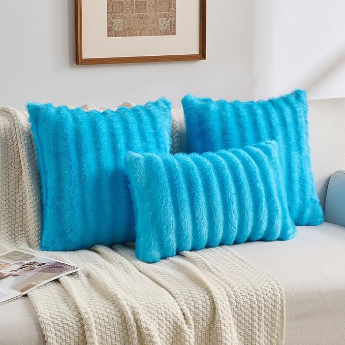 FUTEI Sky Blue Decorative Throw Pillow Covers 20x20 Inch Set of 2,Soft Fluffy Faux Rabbit Fur Dyeing Striped Textured Cushion Case,Modern Home Decor for Couch Bed Living Room