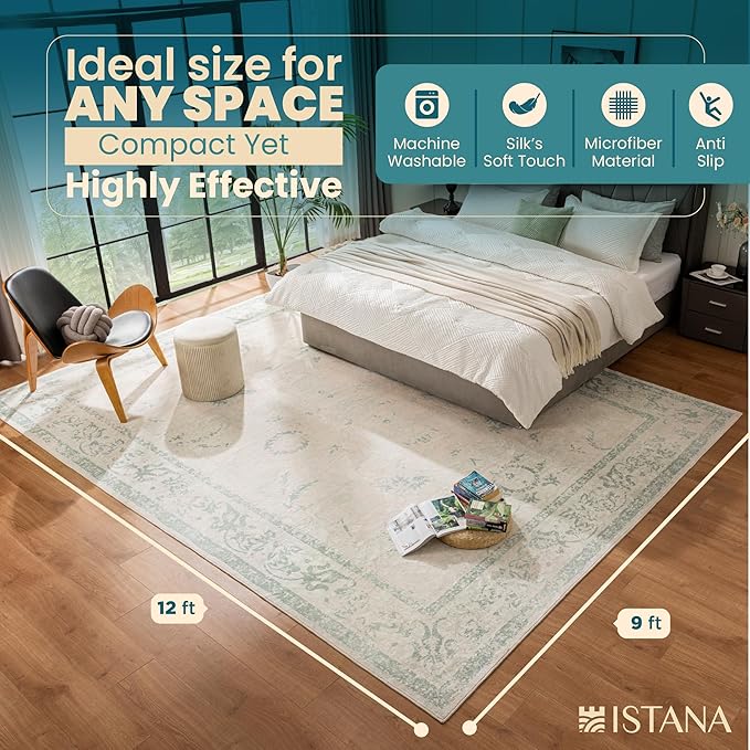 Istana 9x12 Area Rug - Green 9 x 12 Area Rugs for Living Room - Foldable 9x12 Rugs for Bedroom/Living Room Rug - Stain Resistant Washable Rugs - Eco-Friendly Area Rugs