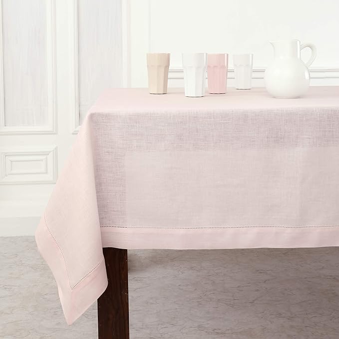Solino Home Linen Tablecloth 60 x 144 Inch - Classic Hemstitch 100% Pure Linen Pink Table Cloth for Rectangle Tables - Machine Washable Tablecloth