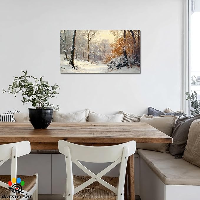 GUTTATY Christmas Winter Scene Canvas Wall Art, Snowy Forest Wall Painting, Warm Light Tree Poster, Winter Canvas Prints for Living Room, Holiday Wall Decor, Hanging Pictures for Bedroom, 40x20 Inch