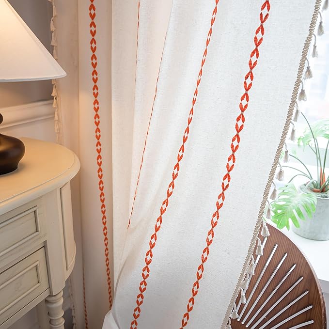 Sutuo Home Boho Curtains 90 Inches Long, White and Orange Bohemian Curtain for Bedroom Living Room, Light Filtering Country Rustic Semi Blackout Farmhouse Drape Rod Pocket, 1 Panel W52 x L90