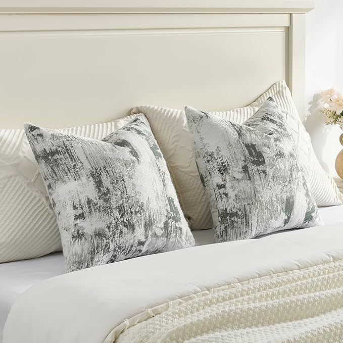 FUTEI Dark Green White Decorative Throw Pillow Covers 24x24 Inch Set of 2,Soft Faux Cashmere Jacquard - Textured & Cozy Euro Pillow Shams,Modern Home Decor for Couch Bed Living Room