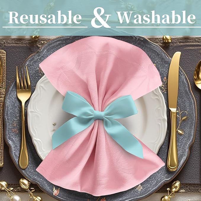 Pink Bow Napkins (18"x18"), Table Napkins Cloth Set of 12 - Cotton & Polyester Blended, Wrinkle/Fade Resistant - Reusable Napkins Washable, Luxury Jacquard Napkins for Engagement Party & Wedding