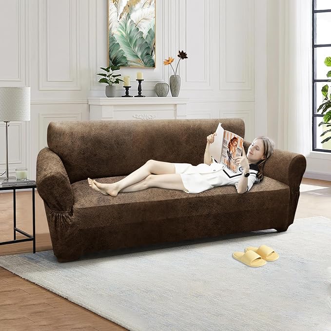 Loveseat Sofa Slipcover Leather Look Couch Covers for 2 Seater Couch Sofa 1-Piece Sofa Cover Stretch Furniture Protector with Elastic Bottom & Pockets(Loveseat, Light Brown)