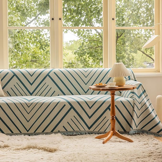 VClife Boho Farmhouse Couch Cover 71''x150'', 1 pc Washable Sofa Covers for 3 Cushion Couch Sofa Kids Soft Chenille Beige Green Herringbone Home Decor Couch Covers for Bed Sofa Living Room Slipcover