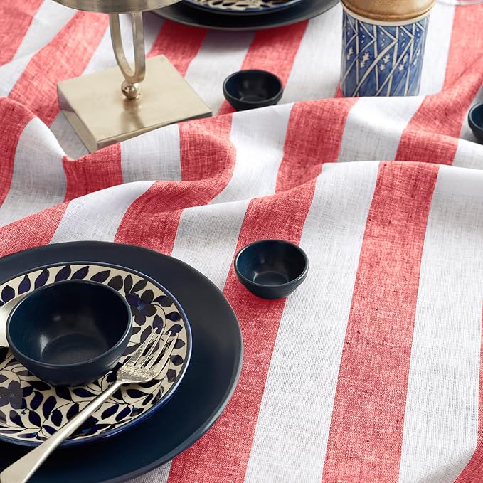 Solino Home Linen Square Tablecloth 52 x 52 Inch - Cabana Stripe, 100% Pure Linen Red and White Table Throw - Machine Washable Tablecloth for Christmas, Holiday, Winter