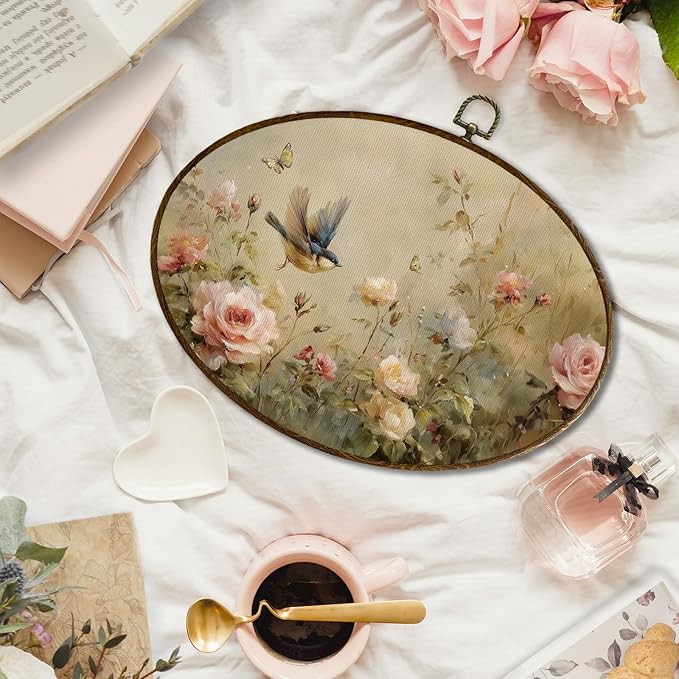 JQF Vintage Bird Floral Oval Wall Decor, Rustic Cottagecore Floral Oval Canvas Wall Art, Rustic Farmhouse Bird Flower Botanical Framed Prints Hanging Decor for Home Bedroom Living Room, 11.5x8.5 Inch