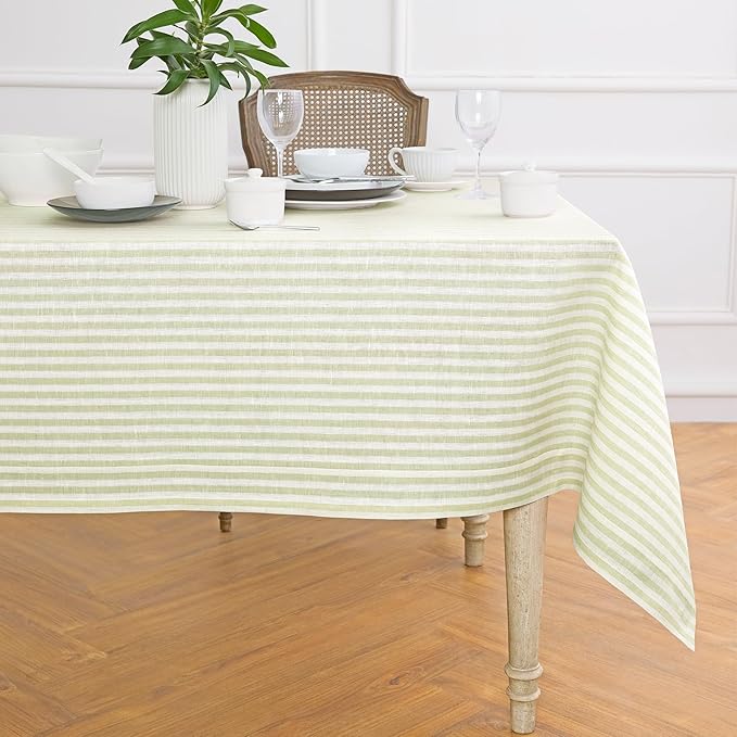 Solino Home Linen Striped Tablecloth 60 x 108 Inch - 100% Pure Linen Sage and White Table Cloth for Rectangle Tables - Amalfi Stripe, Machine Washable Tablecloth for Thanksgiving, Christmas, Winter