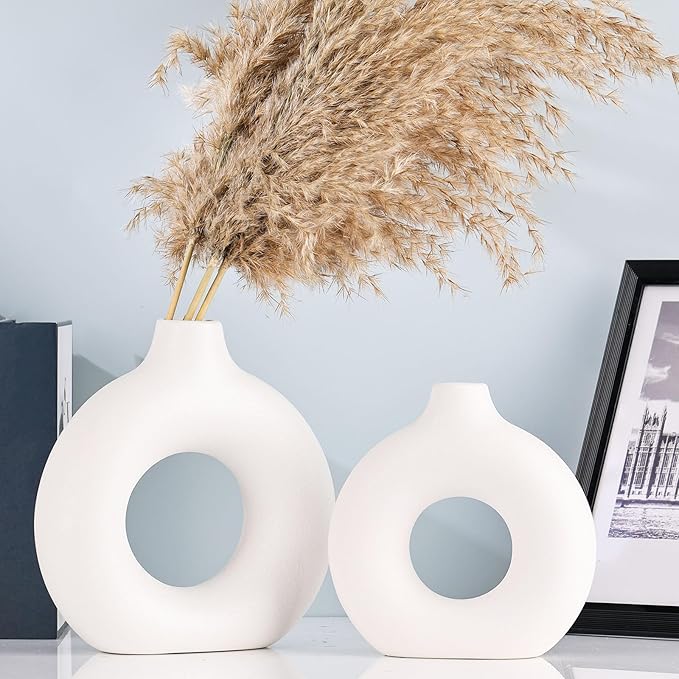 White Ceramics Vase for Home Decor,Minimalist Nordic Hollow Donut Vase Set of 2,Modern Boho Decor for Kitchen Table Centerpiece,Living Room,Fire Place,Bookshelf,Office,Entryway,Console
