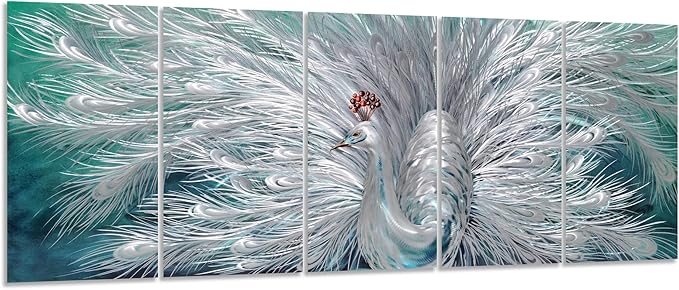 Yihui Arts Peacock Metal Wall Art, Teal and Silver Aluminum Artwork, Modern Sculpture for Living Room Bedroom Bathroom Decor