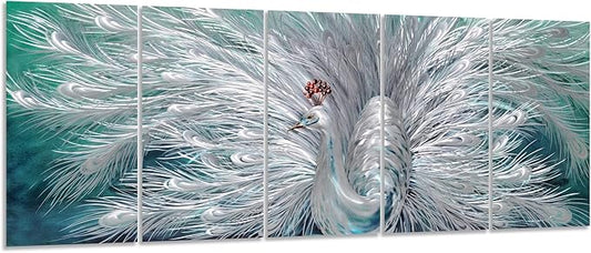Yihui Arts Peacock Metal Wall Art, Teal and Silver Aluminum Artwork, Modern Sculpture for Living Room Bedroom Bathroom Decor