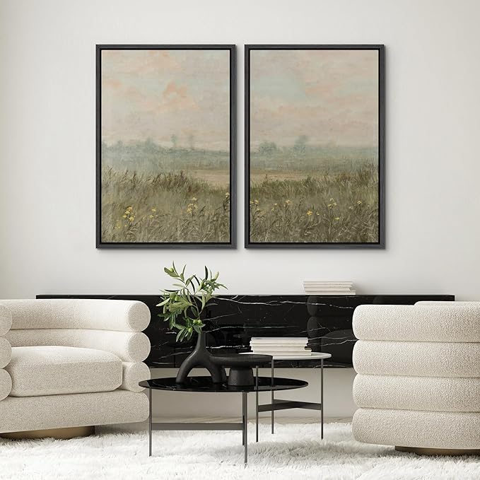 SIGNWIN Framed Wall Art Print Set Serene Meadow at Dawn Soft Impressionist Landscape Illustrations Minimal Decorative Nordic Zen Bohemian for Living Room, Bedroom, Office - 16"x24"x2 Black