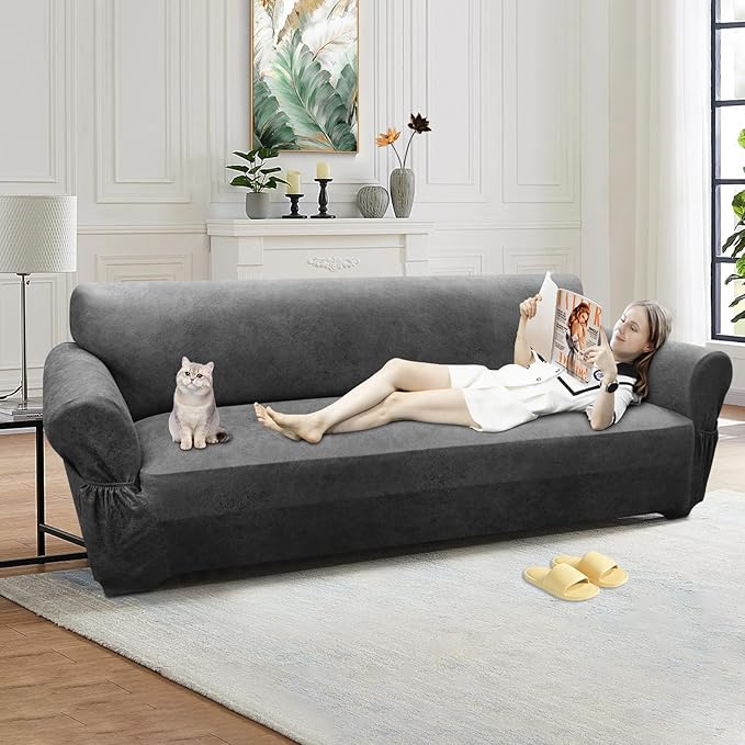 Oversized Sofa Slipcover Leather Look Couch Cover for 4 Seater Sofa 1-Piece Sofa Cover Stretch Furniture Protector with Elastic Bottom & Pockets(XL Sofa, Grey)