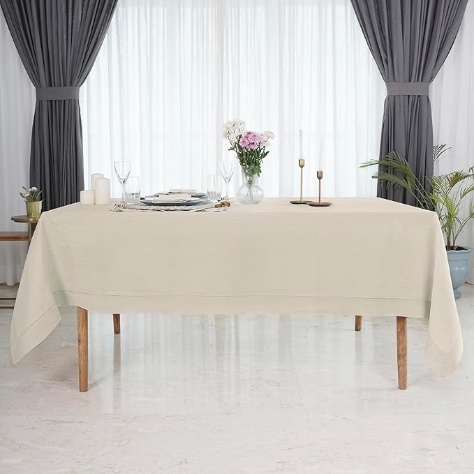 D'Moksha Homes Light Natural Linen Tablecloth 60 x 156 Inch - 100% Pure Linen Natural Tablecloth for Rectangle Tables - Classic Hemstitch, Machine Washable Table Cloth for Thanksgiving, Christmas
