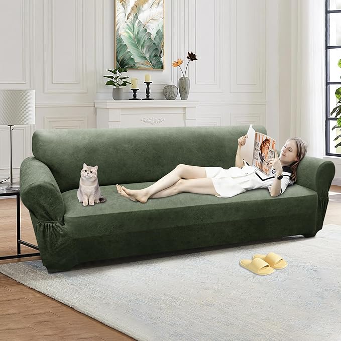 Oversized Sofa Slipcover Leather Look Couch Cover for 4 Seater Sofa 1-Piece Sofa Cover Stretch Furniture Protector with Elastic Bottom & Pockets(XL Sofa, Army Green)
