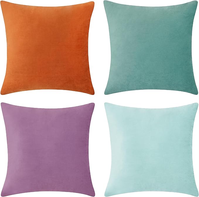 MONDAY MOOSE Decorative Throw Pillow Covers Cushion Cases, Set of 4 Soft Velvet Modern Designs, Mix and Match for Home Decor, Pillow Inserts Not Included (18x18 inch, Purple/Teal)