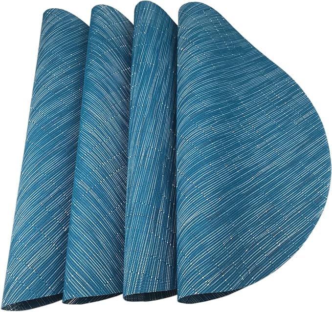 WAZAIGUR Round Placemats Set of 4 Woven Vinyl Easy to Clean Heat Resistant Kitchen Table Mats 15 Inch(Blue 4)