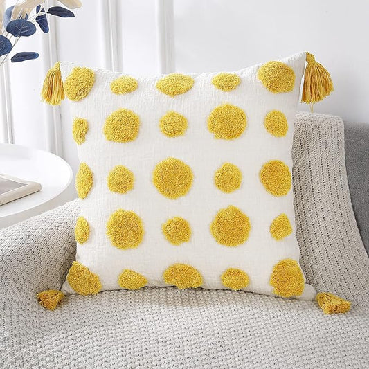 PANOD Super Soft Farmhouse Decorative Plush Throw Pillow Covers 20 x 20 Yellow,Solid Pom pom Tufted with Tassels Modern Accent Boho Square Cushion Cover Pillow Case for Couch Sofa