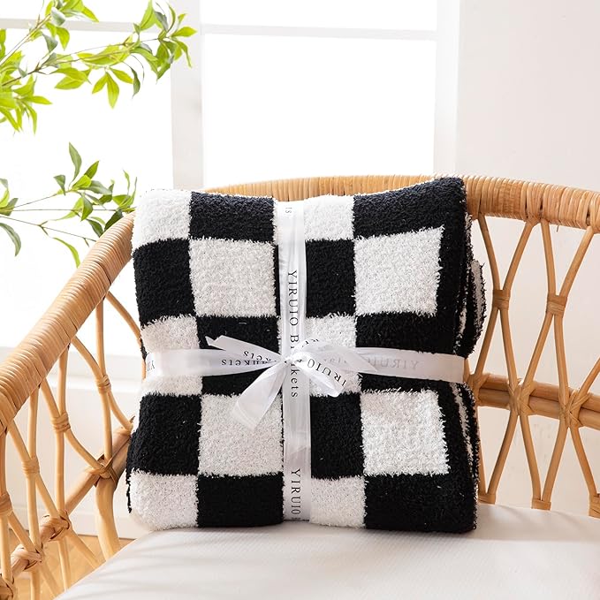 YIRUIO Throw Blanket Checkered Chessboard Fluffy Fuzzy Warmer Comfort Reversible Super Soft Cozy for Home Decor Bed Couch Sofa Living Room (Black, 51''x63'')