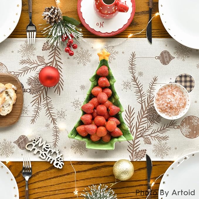 Artoid Mode Deer Snowflakes 210 GSM Merry Christmas Table Runner, Seasonal Winter Kitchen Dining Table Decoration for Home Party Decor 13x90 Inch