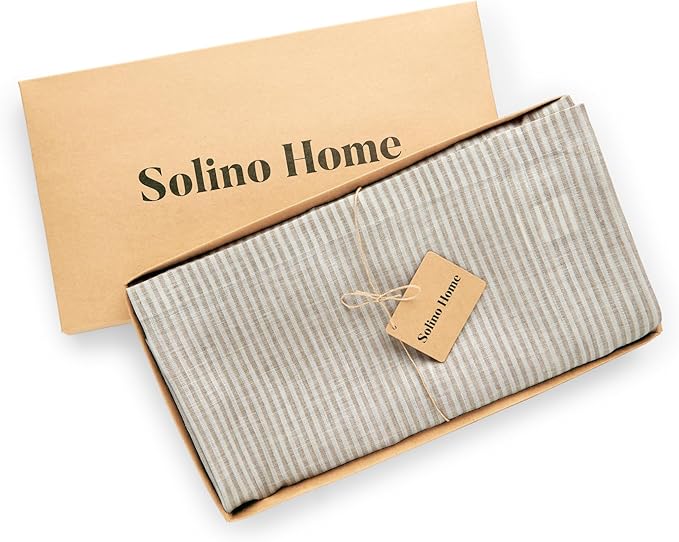 Solino Home Linen Striped Tablecloth 60 x 108 Inch - 100% Pure Linen Natural and White Table Cloth for Rectangle Tables - Narrow Stripe, Machine Washable Tablecloth for Thanksgiving, Christmas, Winter