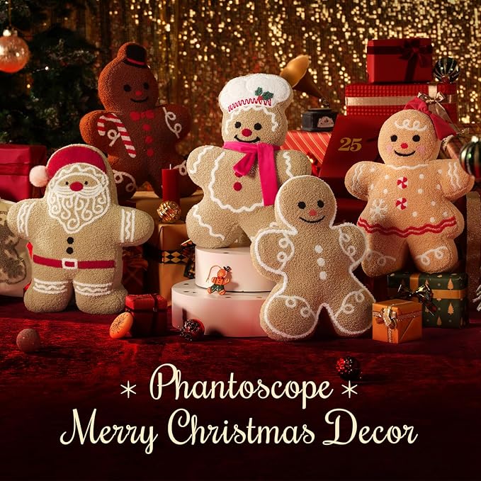 Phantoscope Gingerbread Merry Christmas Throw Pillow, Plush Teddy Xmas Gingerbread Santa Claus Shaped Pillows Christmas Decorative Pillow for Couch Living Room Bed, Beige, 20 x 16.5 inches