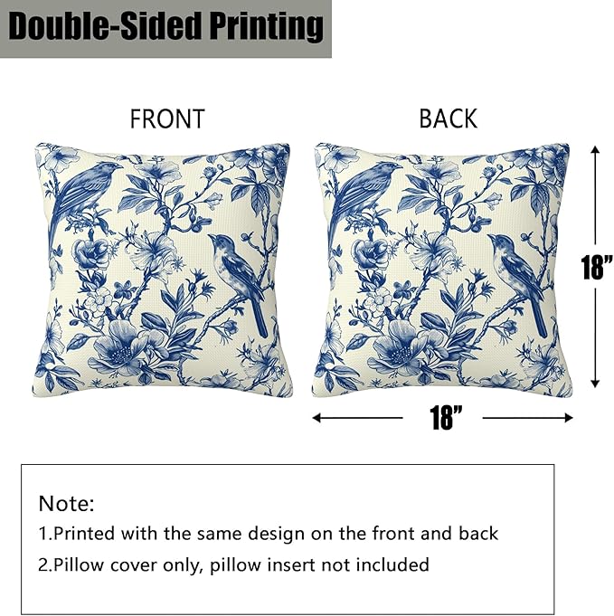 Blue Bird and Flowers Pillow Covers 18X18 Set of 2, Vintage Toile Wild Floral Decorative Throw Pillow Covers, Pillowcase Cushion Case for Home Sofa Couch Indoor Outdoor Decorations