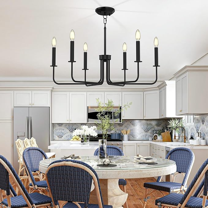 Farmhouse Chandelier with 6 E12 Candelabra Bulbs, 6-Light Metal Hanging Ceiling Light Fixture for Dining Room, Kitchen Island, Living Room, Entryway, Foyer-Matte Black