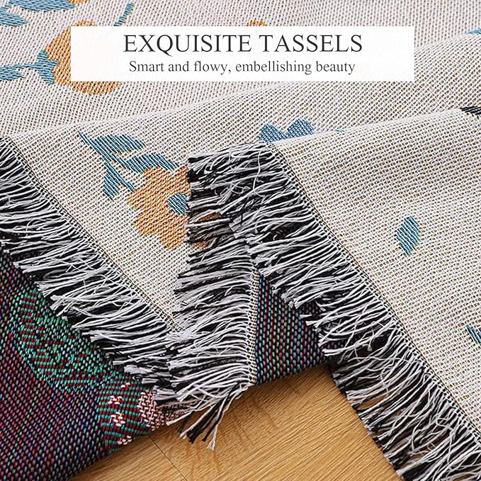 Double-Sided Cotton Woven Throw Blanket with Tassel Jungle Bohemian Style Tapestry Shawl Multi-Function Decorative Throws for Sofa Bed Armchair Camping Blanket Tablecloth Carpet 160x130cm