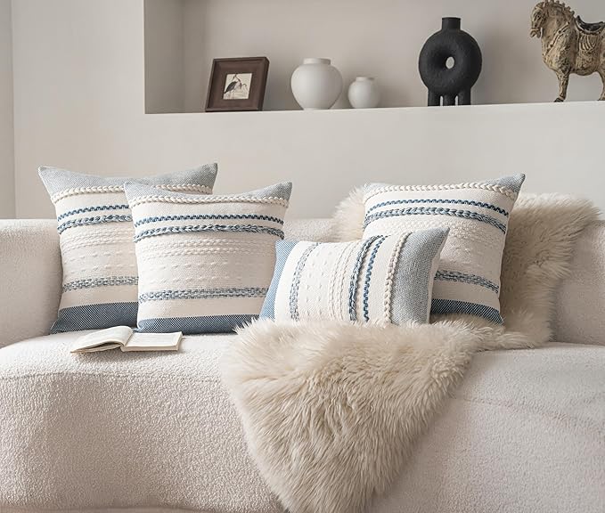 Boho Throw Pillow Covers 12x20 Inch Set of 2, Blue Textured Decorative Couch Pillow Cases for Farmhouse Home Decor, Accent Cushion Cover for Sofa, Bed, Living Room, Bedroom