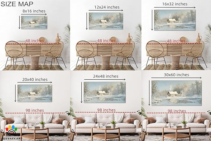 GUTTATY Christmas Winter Scene Canvas Wall Art, Cozy Cabin Snow Landscape Canvas Prints, Tranquil Forest Wall Painting, Serene Winter Pictures Poster for Living Room, Bedroom, Office Decor, 48x24 Inch