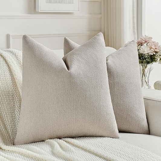 FUTEI Oatmeal Chenille Decorative Throw Pillow Covers 18x18 Inch Set of 2,Soft Cozy Faux Linen Textured Cushion Case,Farmhouse Home Decor for Couch Living Room