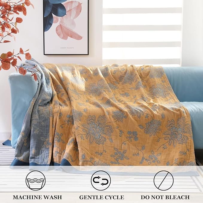 Boho Throw Blanket for Bed 100% Cotton Ultra Soft Rustic Quilt Fall Blanket Floral Printed Farmhouse Decor Bed Blankets,60"×80" All Season Rustic Throw for Sofa Couch Chair