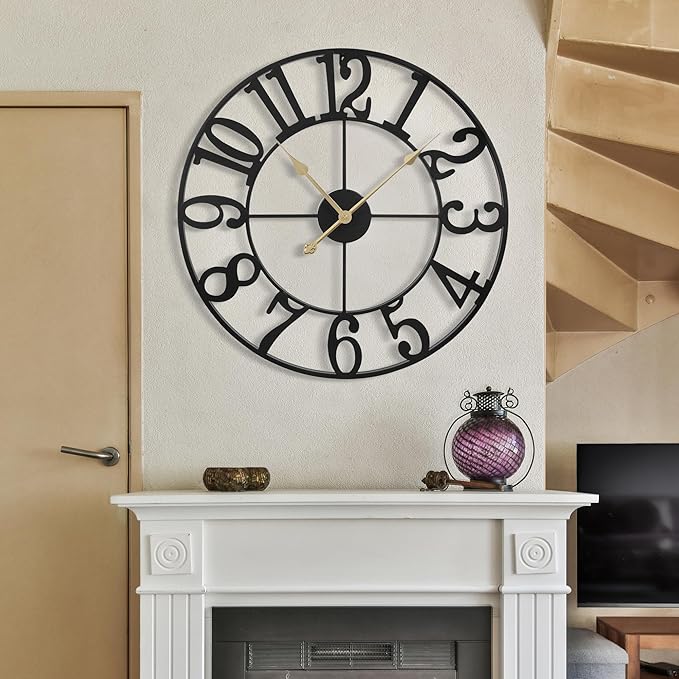 1st Owned Large Wall Clocks for Living Room Decor, Silent Non Ticking Clocks Battery Operated, 18.5 Inch Decorative Analog Metal Indoor Wall Clock for Kitchen, Bedroom, Office Decor