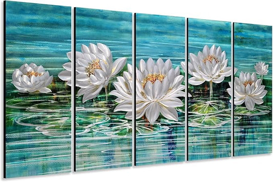 Yihui Arts Lotus Metal Wall Art, Green and Silver Flower Artwork, Hand Grind Aluminum Sculpture for Home Decor