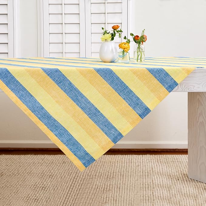 Solino Home Linen Tablecloth 52 x 52 Inch - Cabana Stripe, 100% Pure Linen Bright Summer Stripe Square Tablecloth - Machine Washable Table Throw