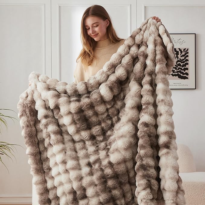 COOVA Faux Fur Throw Blanket for Couch, Cozy Soft and Fuzzy Plush Rabbit Fur Bubble Blanket for Sofa Bedroom Living Room, 60x80 Inches Tie Dye Brown