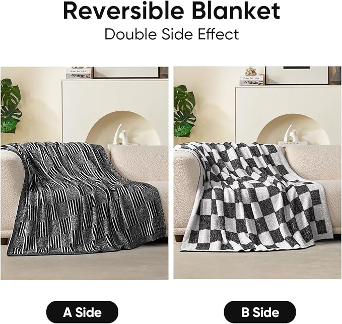 Snuggle Sac Black Faux Fur Checkered Blanket Twin Size with Soft Knitted Microfiber,Reversible Soft Cozy Warm Blanket for Sofa Bed,Lightweight Striped Blankets for Women,Heather Black,60x80 inches