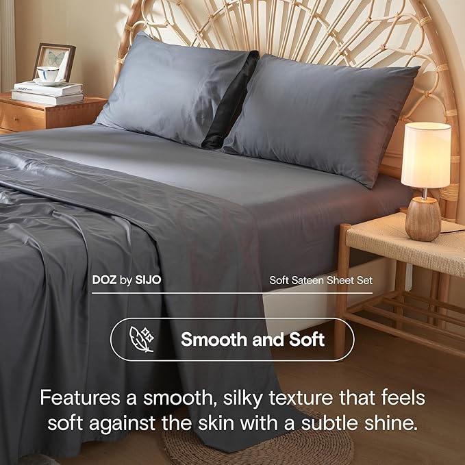 DOZ 100% Long Staple Cotton Duvet Cover Set, Soft Sateen Weave, Smooth, Breathable, Hotel Comfort, 106"x90", 8 Loops, 3pc – 2 Pillowcases 1 Duvet Cover (Storm, King/Cal King)